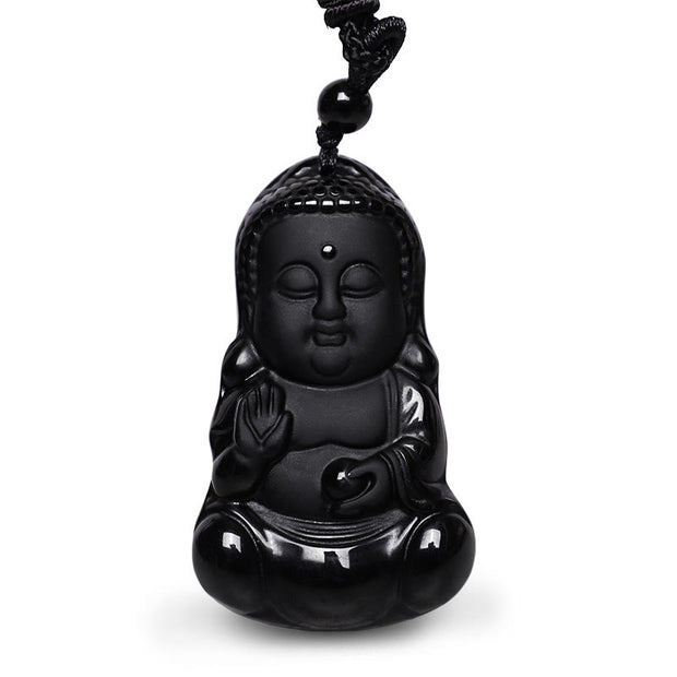 Buddha Stones Natural Black Obsidian Crystal Buddha Strength Protection Amulet Lucky Charm Pendant Necklace Necklaces & Pendants BS 1