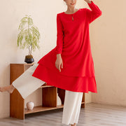 Buddha Stones 2Pcs Simple Design Tai Chi Meditation Yoga Clothing Top Pants Women's Set Clothes BS Red Top&White Pants XXL