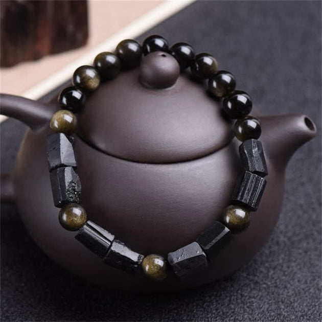 Buddha Stones Gold Sheen Obsidian Black Tourmaline Wealth Bracelet ...