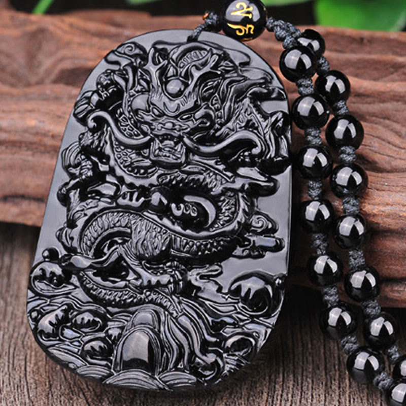 Buddha Stones Black Obsidian Stone Dragon Fulfilment Pendant Necklace ...