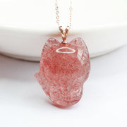Buddha Stones 925 Sterling Silver Natural Strawberry Quartz Fox Positive Necklace Pendant