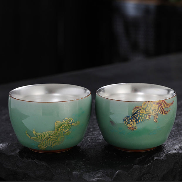 Buddha Stones 999 Sterling Silver Gilding Butterfly Goldfish Lotus Koi Fish Ceramic Teacup Kung Fu Tea Cup 120ml Cup BS 10