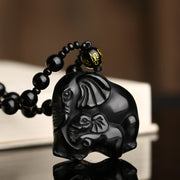 Buddha Stones Black Obsidian Elephant Protection Strength Necklace Pendant Necklaces & Pendants BS 8
