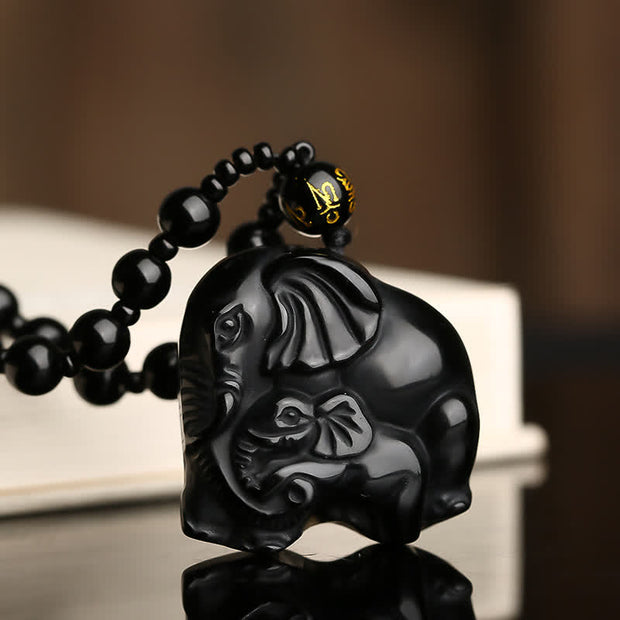 Buddha Stones Black Obsidian Elephant Protection Strength Necklace Pendant Necklaces & Pendants BS 8