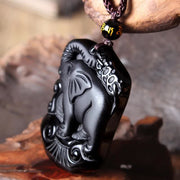 Buddha Stones Black Obsidian Elephant Protection String Necklace Pendant Key Chain Necklaces & Pendants BS 5