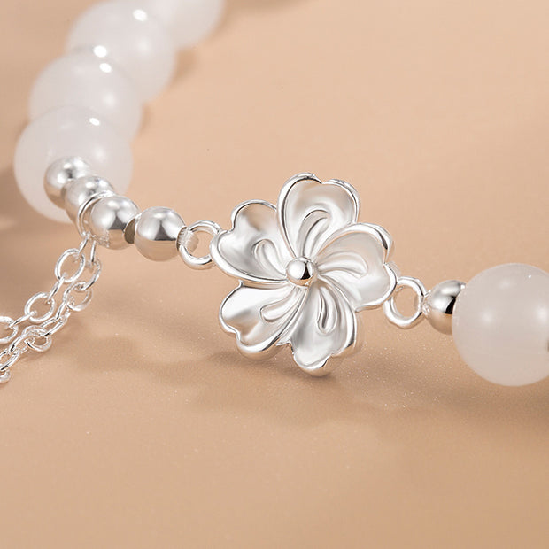 Buddha Stones White Jade Peach Blossom Petals Flower Luck Bracelet Bracelet BS 3