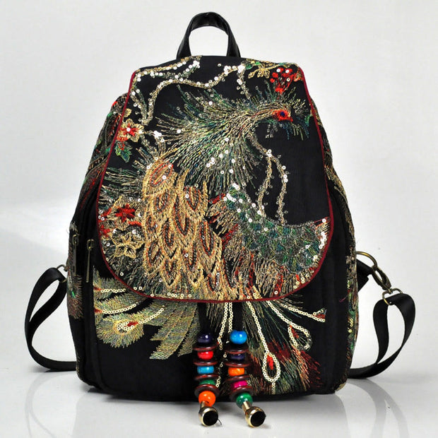 Buddha Stones Peacock Embroidery Canvas Tassel Backpack Backpack BS 2