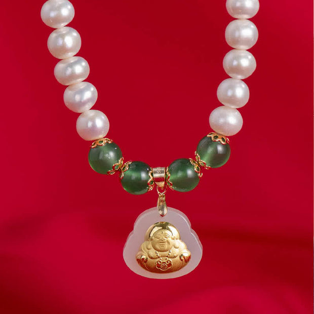 Buddha Stones 999 Gold Laughing Buddha Hetian White Jade Pearl Blessing Necklace Pendant Necklaces & Pendants BS 1