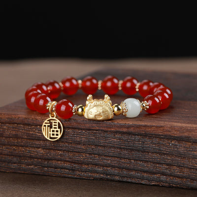 Buddha Stones Year Of The Dragon Red Agate Gray Agate Dumpling Luck Fu Character Bracelet Bracelet BS Red Agate Dragon Fu Character(Wrist Circumference 14-16cm) 10mm