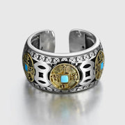 Buddha Stones Feng Shui Five Emperor Coins Turquoise Wealth Ring