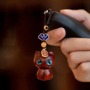 Buddha Stones Small Leaf Red Sandalwood Ebony Wood Lucky Cat Protection Key Chain Phone Hanging Decoration Key Chain BS 3