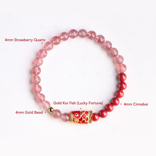 Buddha Stones Natural Strawberry Quartz Cinnabar Lucky Koi Fish Healing Bracelet
