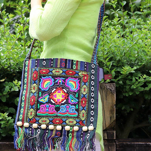 Buddha Stones Tibetan Handmade Embroidered Camellia Canvas Shoulder Bag Crossbody Bag Crossbody Bag BS 3
