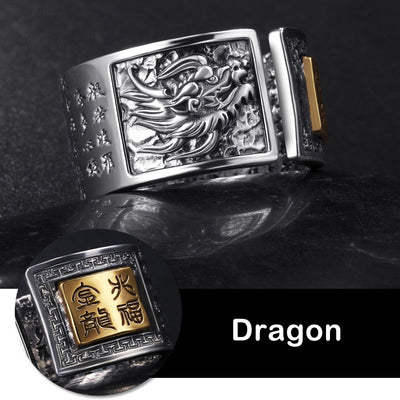 Buddha Stones Chinese Zodiac Dragon Heart Sutra Strength Adjustable Ring Ring BS Dragon