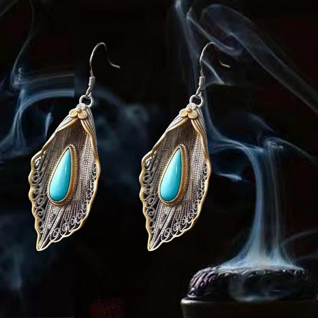 Buddha Stones 925 Sterling Silver Turquoise Bodhi Leaf Pattern Protection Drop Dangle Earrings Earrings BS 5