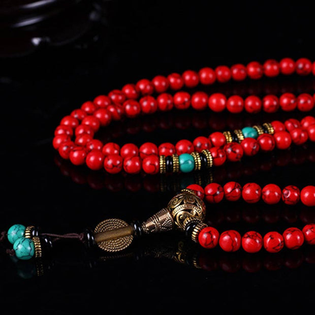 Buddha Stones Tibetan Mala Red Turquoise Lucky Necklace Bracelet Mala Bracelet BS 7