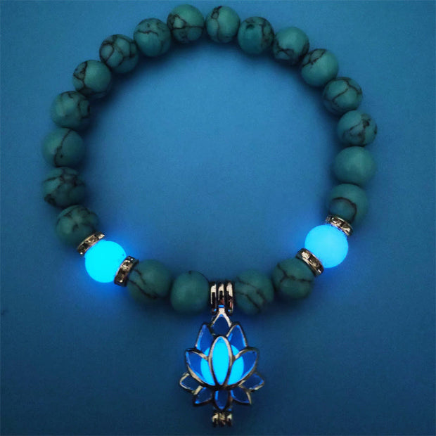 Buddha Stones Tibetan Turquoise Glowstone Luminous Bead Lotus Protection Bracelet Bracelet BS Blue Turquoise&Blue Glowstone