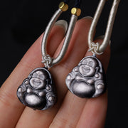 Buddha Stones Natural Silver Sheen Obsidian Laughing Buddha Protection Necklace Pendant