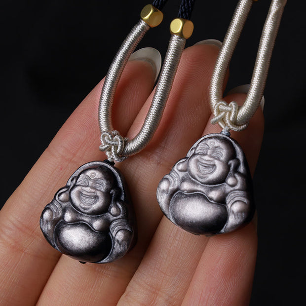 Buddha Stones Natural Silver Sheen Obsidian Laughing Buddha Protection Necklace Pendant Necklaces & Pendants BS 8