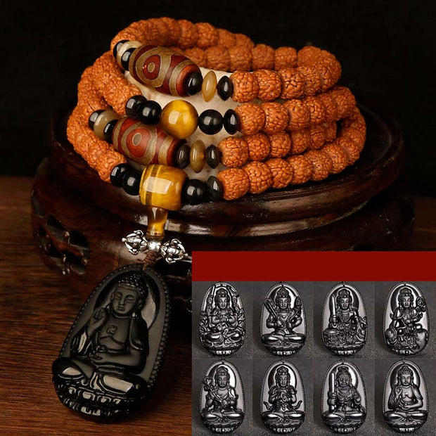 Buddha Stones Tibet 108 Mala Beads Rudraksha Bodhi Seed Chinese Zodiac Natal Buddha Wealth Charm Bracelet