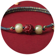 Buddha Stones 14K Gold Plated Hetian Jade Cinnabar Lotus Luck Handcrafted Rope Bracelet Bracelet BS 9