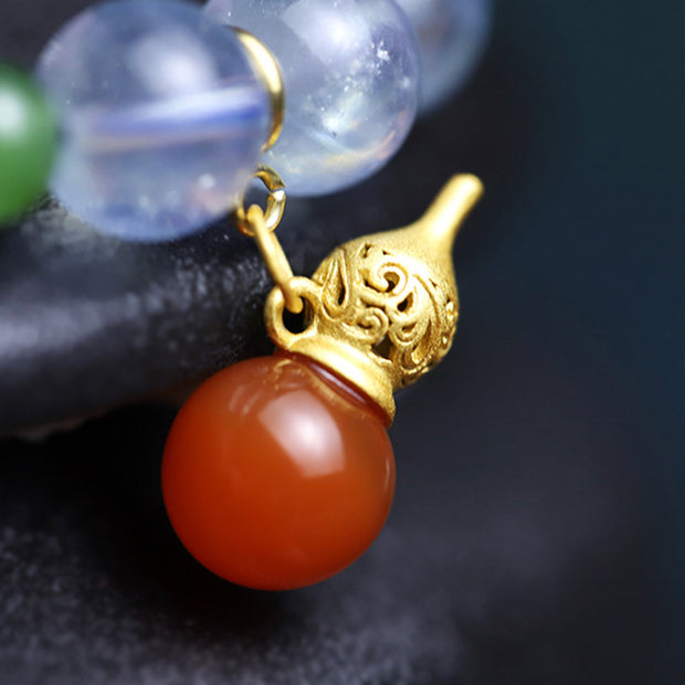 Buddha Stones Aquamarine Red Agate Peace Gourd Charm Bracelet