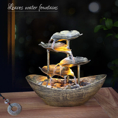 Buddha Stones Lotus Leaf Shaped Waterfall Fountain Tabletop Ornaments With LED Light Home Office Desktop Decoration Decorations BS Silver
