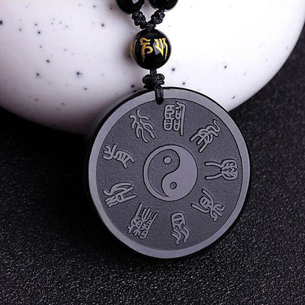 Buddha Stones Natural Black Obsidian Taoism Five Sacred Mountains Nine-Character Mantra Carved Strength Yin Yang Necklace Pendant Key Chain Necklaces & Pendants BS 5