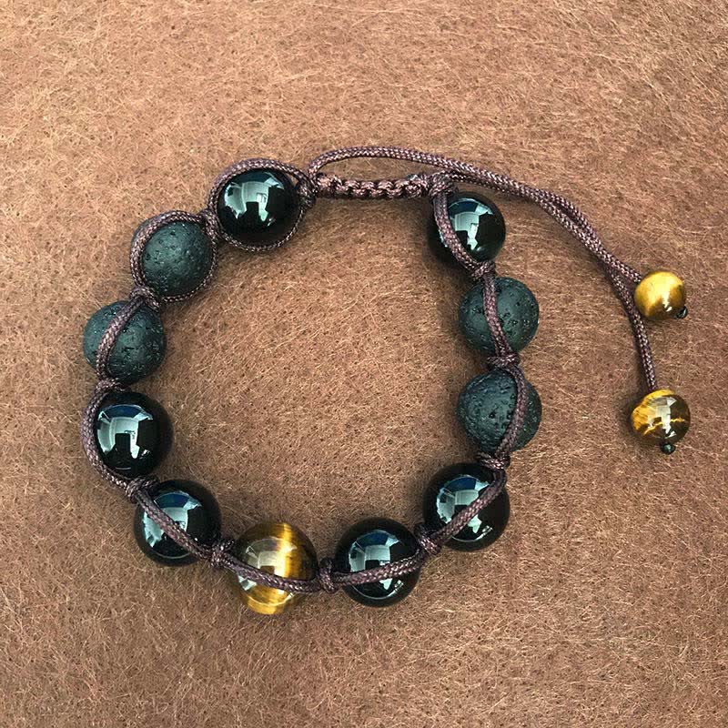 Lava Rock, Tiger Eye & Black Obsidian Crystal Bracelet Hematite Lava Rock, Tiger Eye & Black Obsidian Crystal Bracelet Hematite