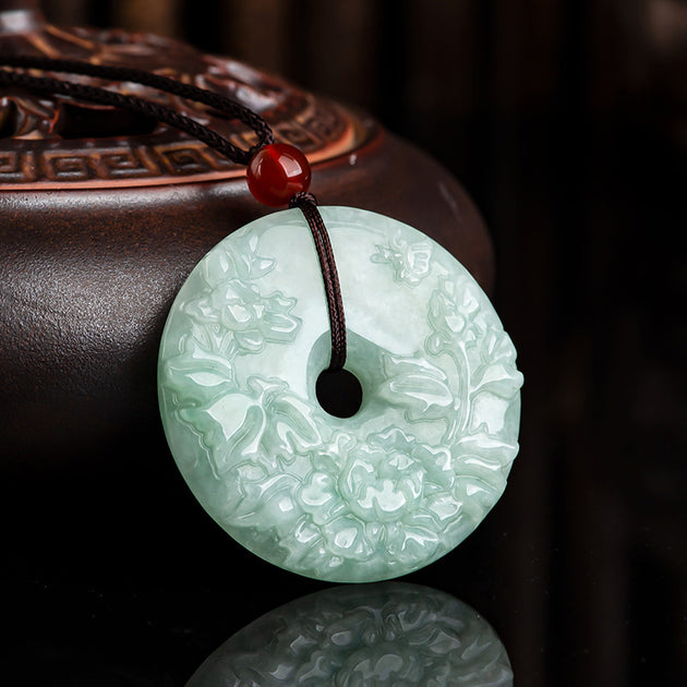 Buddha Stones Round Jade Peace Buckle Peony Flower Abundance Necklace ...