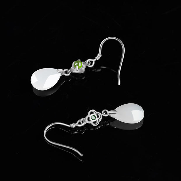 Buddha Stones 925 Sterling Silver Natural Hetian White Jade Water Drop Design Protection Drop Dangle Earrings Earrings BS 3
