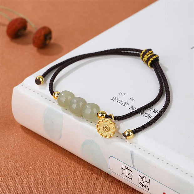 Buddha Stones Handmade Hetian Jade Bead Lotus Pod Prosperity Luck Braided Bracelet Bracelet BS Black Rope(Wrist Circumference 14-16cm)