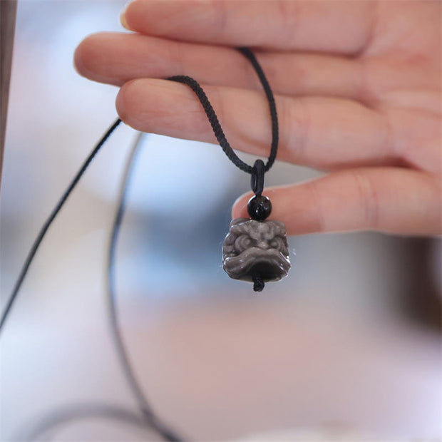 Buddha Stones Natural Silver Sheen Obsidian Dancing Lion Protection Necklace Pendant