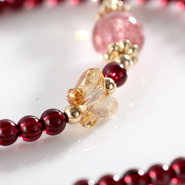 Buddha Stones 14K Gold Plated Natural Garnet Strawberry Quartz Butterfly Protection Double Wrap Bracelet
