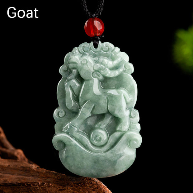 Buddha Stones Natural Green Jade 12 Chinese Zodiac Luck Prosperity Necklace Pendant