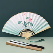 Buddha Stones Retro Lotus Flower Leaf Mountain Lake Handheld Folding Fan With Bamboo Frames Folding Fan BS 2