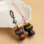 Buddha Stones Small Leaf Red Sandalwood Ebony Wood Lucky Cat Protection Key Chain Phone Hanging Decoration Key Chain BS 14