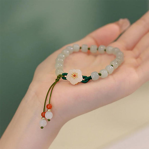 Buddha Stones Jade Peach Blossom Flower Luck Bracelet Bracelet BS 5