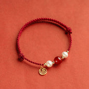 Buddha Stones 925 Sterling Silver Good Fortune Fu Character Agate Pearl Red String Braid Bracelet Bracelet BS 15