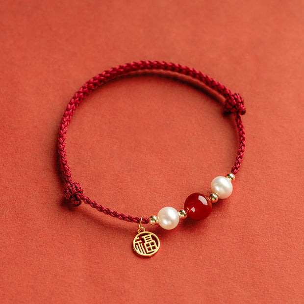 Buddha Stones 925 Sterling Silver Good Fortune Fu Character Agate Pearl Red String Braid Bracelet Bracelet BS 15