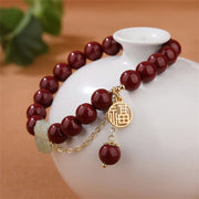 Buddha Stones Cinnabar Fu Character Hetian Jade Lucky Four Leaf Clover Blessing Bracelet