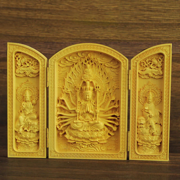 Buddha Stones Thousand-armed Avalokitesvara Kwan Yin Buddha Boxwood Wealth Home Decoration Altar Prayer Altar BS 4