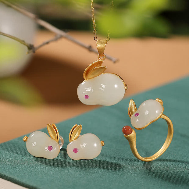 Buddha Stones 925 Sterling Silver Year of the Rabbit Hetian Jade Luck Ring Earrings Necklace Pendant (Extra 30% Off | USE CODE: FS30)