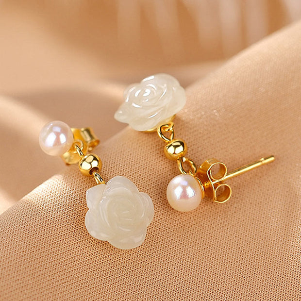 Buddha Stones 925 Sterling Silver Plated Gold Jade Rose Flower Cyan Jade Pearl Luck Earrings Earrings BS 5