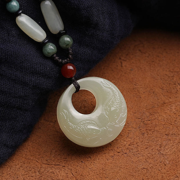 Buddha Stones White Jade Double Koi Fish Carved Prosperity Success Necklace Pendant Necklaces & Pendants BS 4