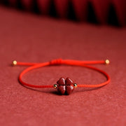 Buddha Stones Natural Cinnabar Four Leaf Clover Blessing Red String Bracelet Anklet Bracelet BS Red Anklet(Anklet Circumference 21-27cm) With Golden Bead