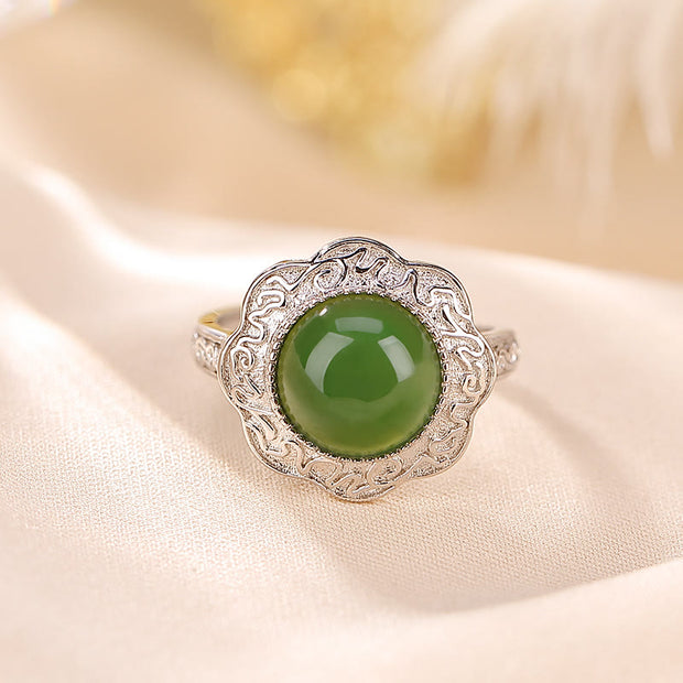 Buddha Stones 925 Sterling Silver Hetian Cyan Jade Flower Design Luck Adjustable Ring Ring BS 2