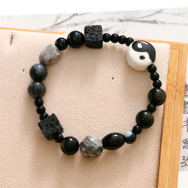 Buddha Stones Black Onyx Picasso Jasper Bead Yin Yang Fortune Protection Bracelet Bracelet BS 12