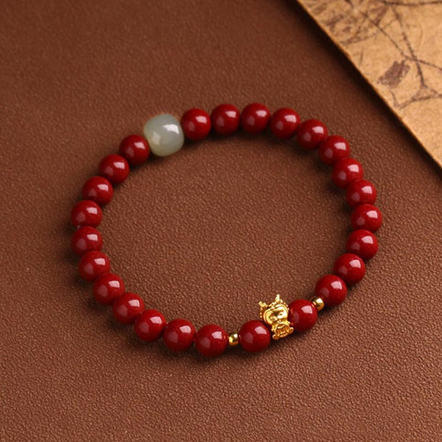 Buddha Stones 999 Gold Year of the Dragon Natural Cinnabar Jade Copper Coin Fu Character Blessing Bracelet Bracelet BS 1