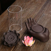 Buddha Stones Buddha Hand Lotus Enlightenment LED Light Purple Clay Ceramic Incense Burner Decoration Incense Burner BS 2